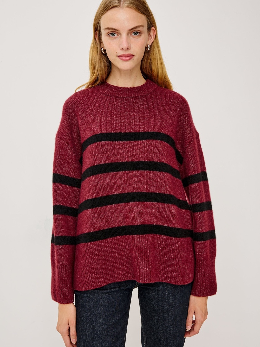 NEW Rails Miranda Striped Sweater in Garnet Black Stripe Cashmere Crewneck